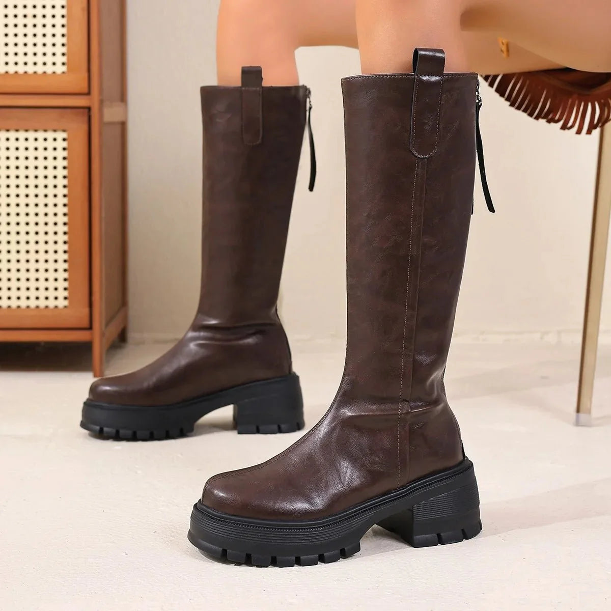 SOERA Feliz Knee High Leather Boots - Shoes - 3256809919579161-;yD1765284568927104856 Brown 36